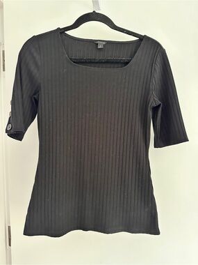 Ann Taylor Black Ribbed Square-Neck Short Sleeve Top
